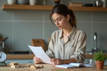 Femme en cuisine examinant une table de conversion grammes kilogrammes