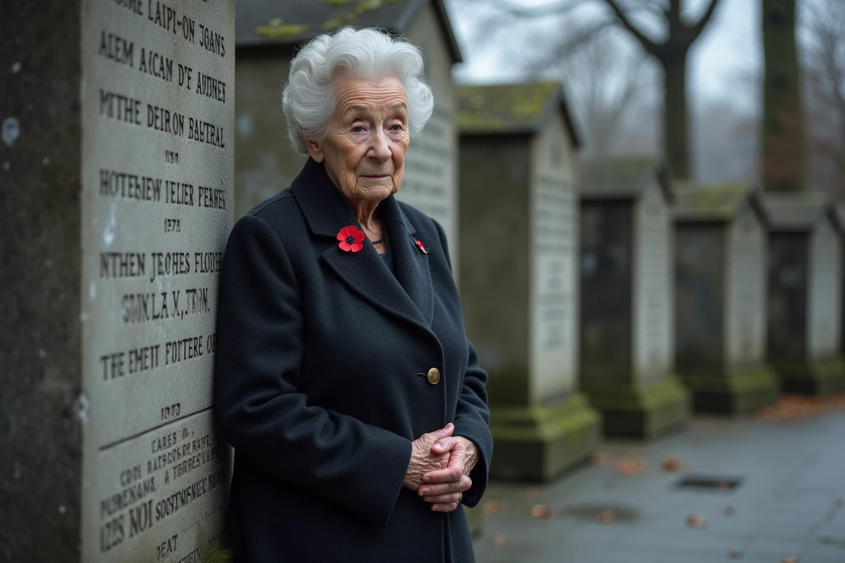 Femme âgée portant un coquelicot rouge devant un monument aux morts, cérémonie de commémoration