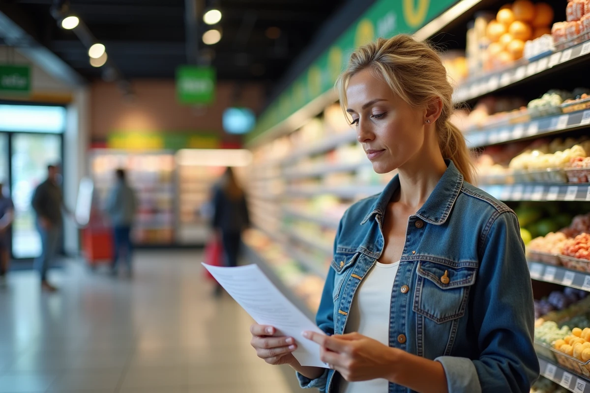 Femme examinant une liste de courses devant un rayon de supermarche
