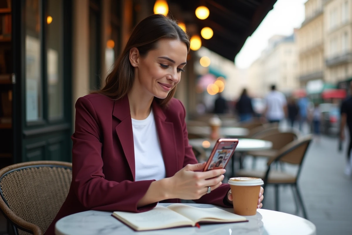 Femme créant du contenu pour Instagram Stories dans un café parisien en extérieur, symbolisant la création de contenu mobile et la stratégie réseaux sociaux en 2026