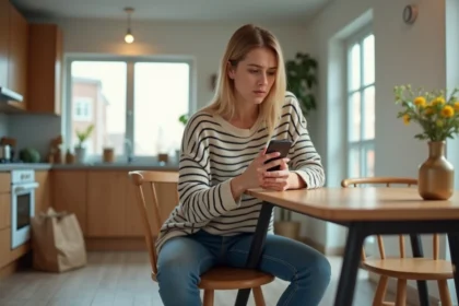 Femme dans la cuisine moderne regarde son smartphone