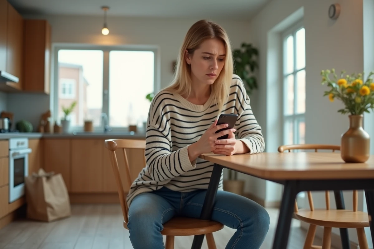 Femme dans la cuisine moderne regarde son smartphone