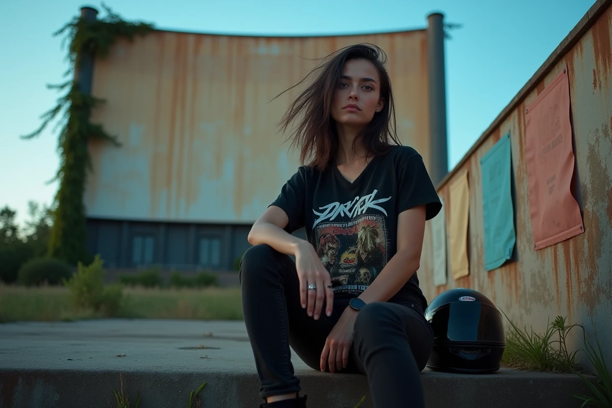 Femme en t-shirt de groupe rock assise devant un vieux drive-in avec un casque de moto à ses côtés, illustrant la culture cinéma et musique rock liée aux films de motards