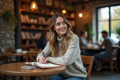 Femme écrivant dans un journal dans un café cosy