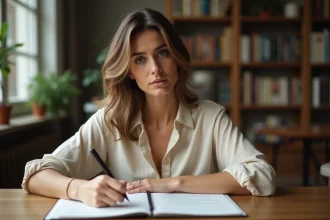 Femme écrivant à la première personne dans un carnet sur un bureau en bois, expression concentrée et stylo en main