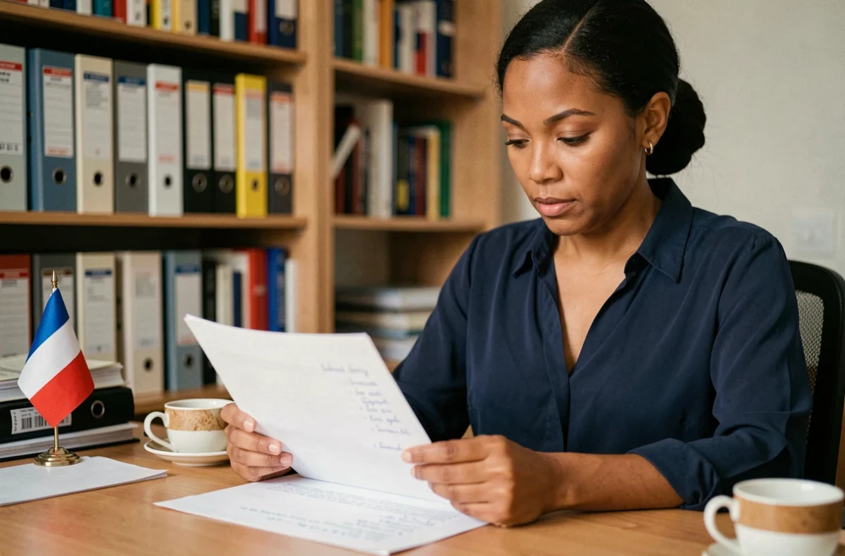 Femme étudiant un document de préparation à l'entretien de naturalisation française à son bureau