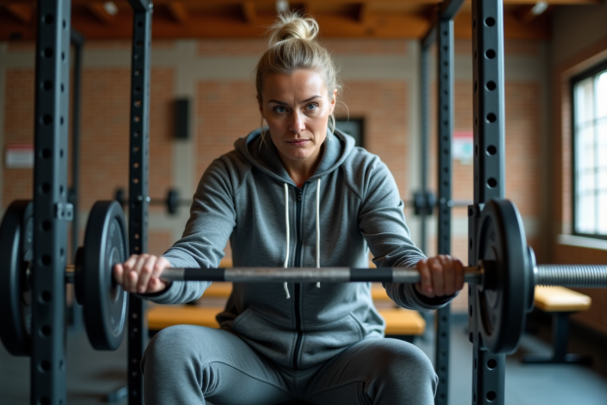 Femme examine barres de musculation dans une salle de sport