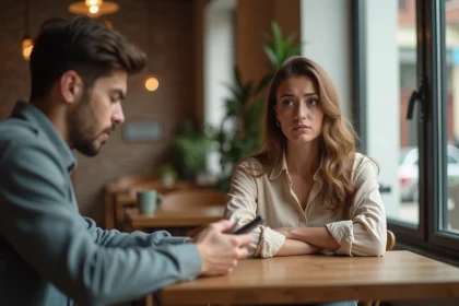 Femme mal à l'aise face à un partenaire irrespectueux dans un café, illustrant le comportement d'un goujat