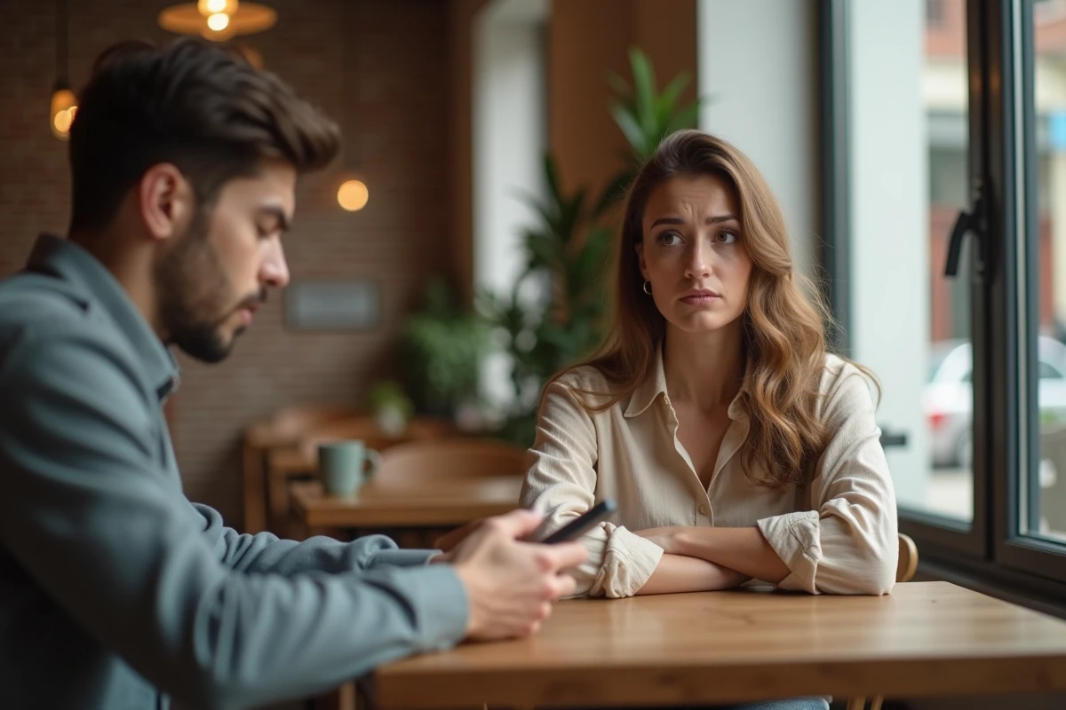 Femme mal à l'aise face à un partenaire irrespectueux dans un café, illustrant le comportement d'un goujat