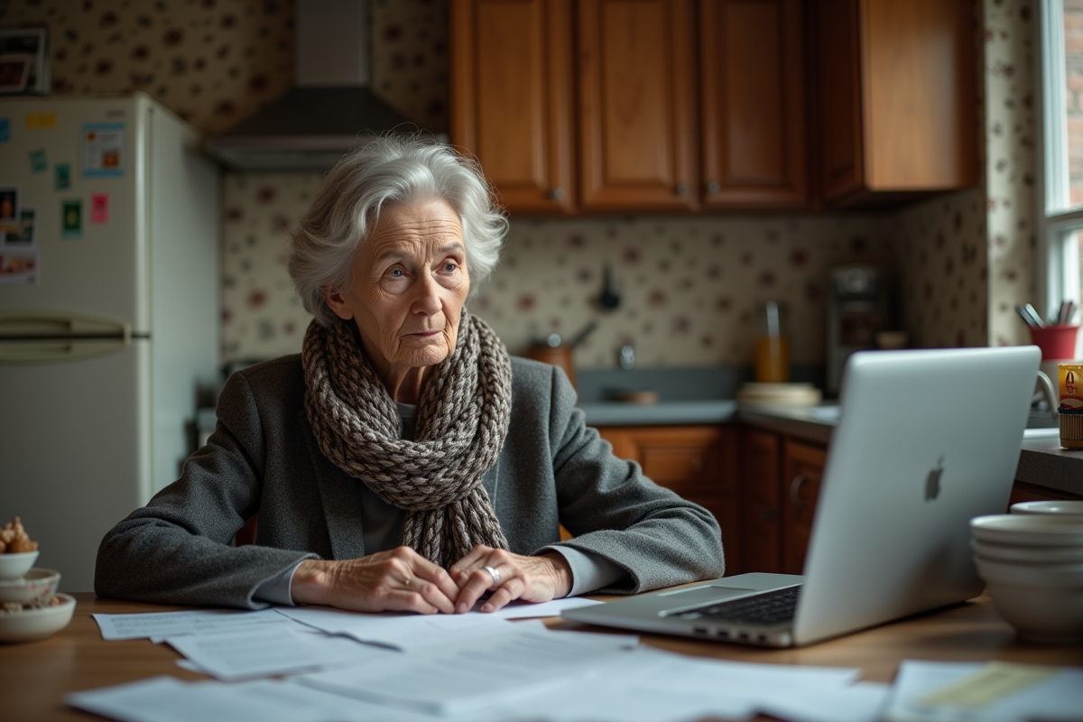 Femme âgée avec documents de prêt immobilier dans sa cuisine