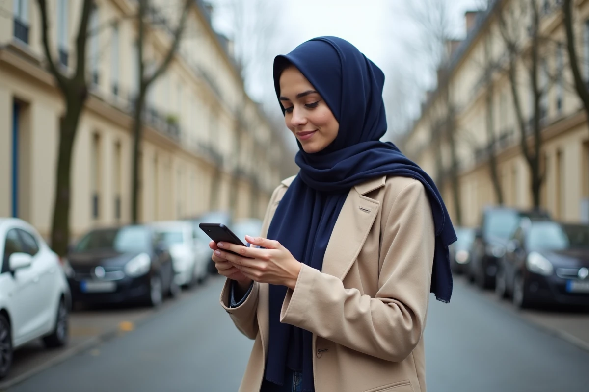 Femme consultant les horaires de prière sur son téléphone dans une rue d'Argenteuil