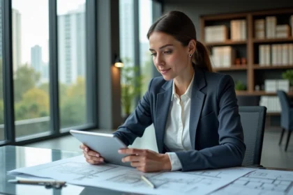 Femme professionnelle en bureau avec plans architecturaux