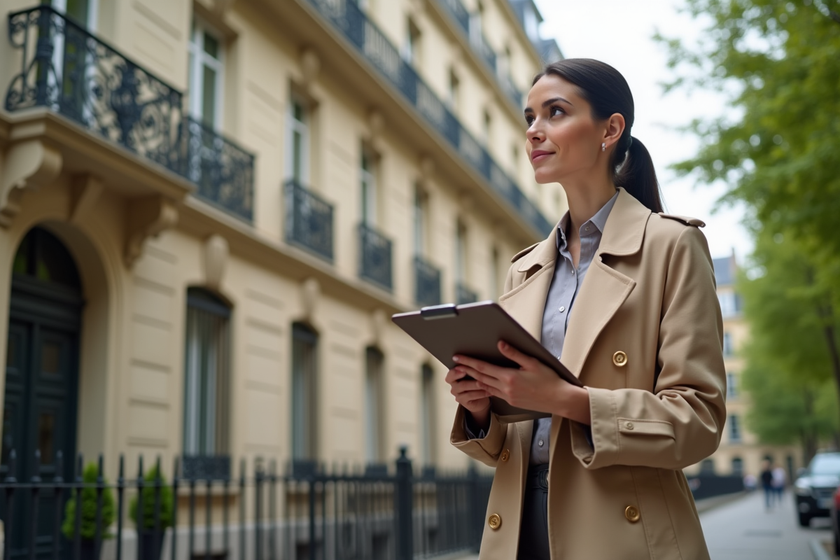 Jeune femme immobilière devant un immeuble parisien