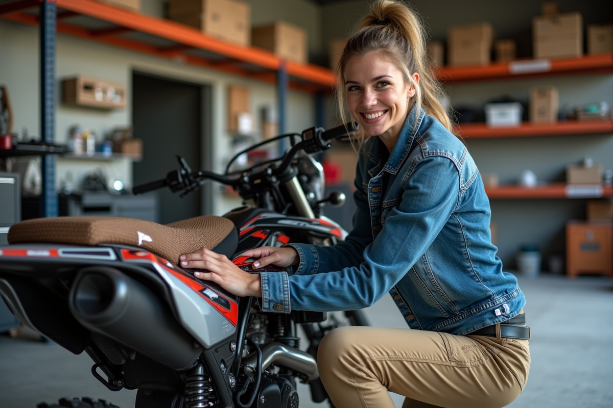 Femme posant une housse de selle sur sa moto dans un garage organisé