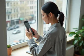 Femme tenant un iPhone 14 et consultant ses photos dans un appartement moderne, illustrant la qualité photo de l'iPhone 14
