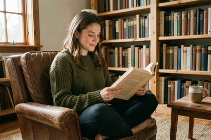 Jeune femme lisant un livre dans une bibliothèque chaleureuse, parcours de lecture conseillé pour Epsilon BL
