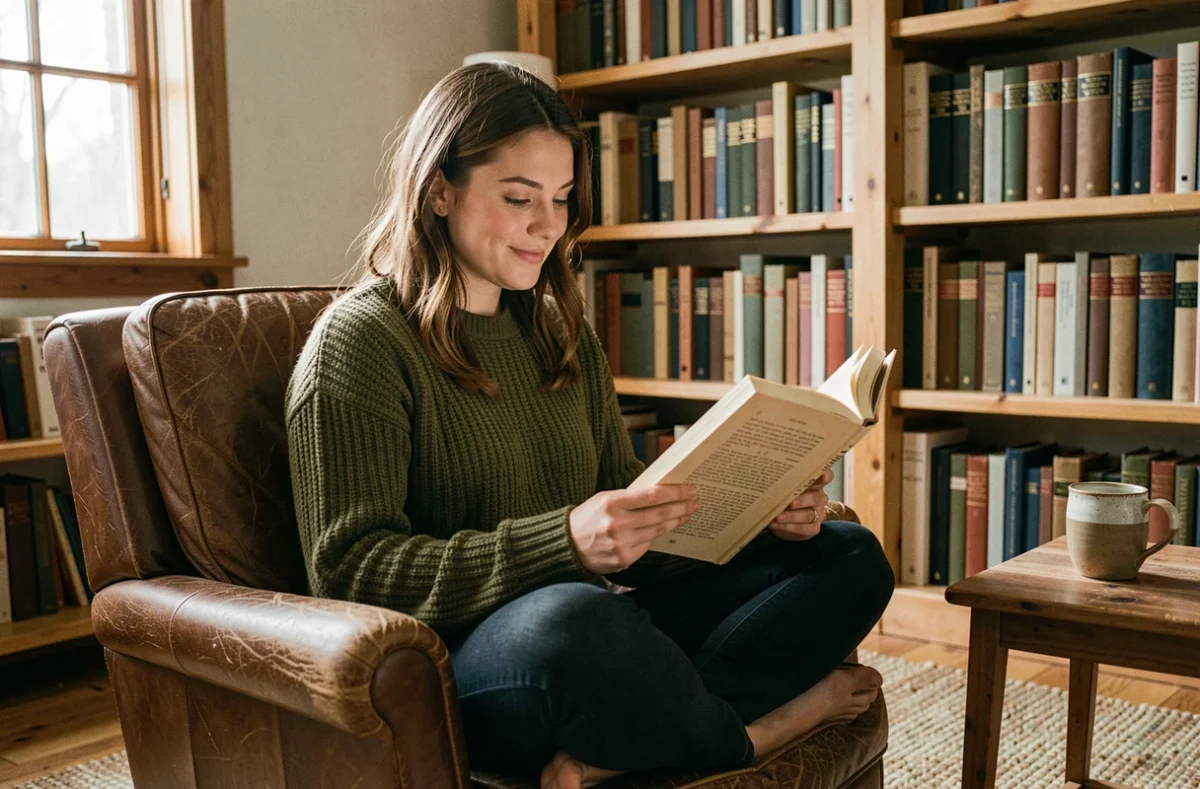 Jeune femme lisant un livre dans une bibliothèque chaleureuse, parcours de lecture conseillé pour Epsilon BL