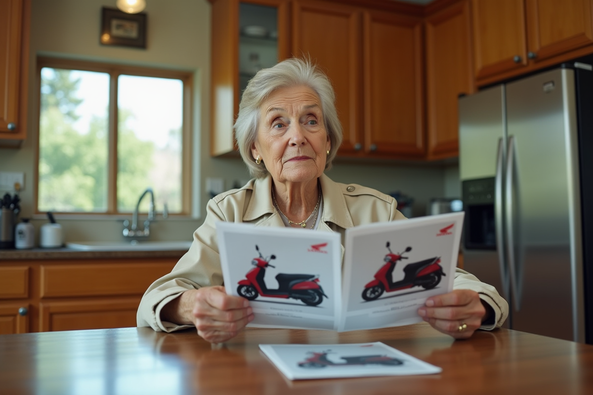 Femme âgée lit des brochures Honda Dax 125 à la maison