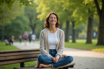 Femme méditant assise sur un banc dans un parc verdoyant