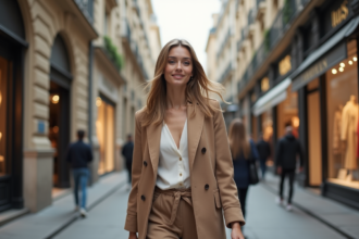 Jeune femme chic marchant dans une rue parisienne