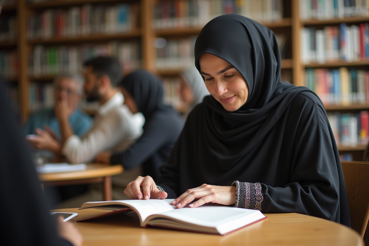 Femme musulmane lisant dans une bibliothèque lumineuse