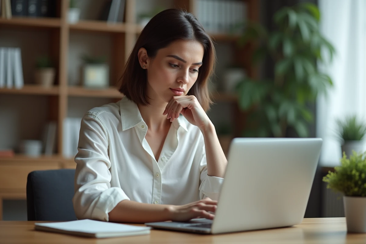 Femme réfléchissant devant son ordinateur sur un site de rencontre en ligne, cherchant des signes de l'amour de son partenaire