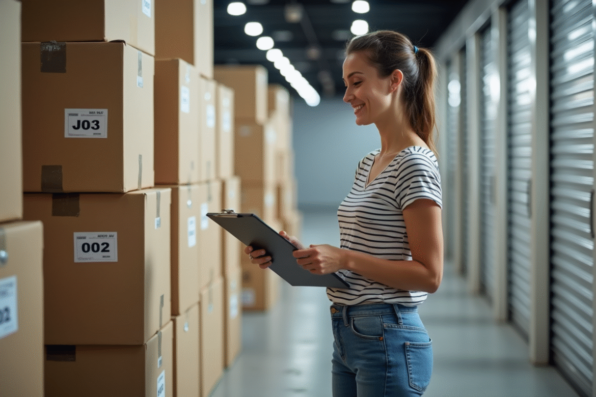 Femme souriante vérifiant un clipboard dans un centre de stockage moderne