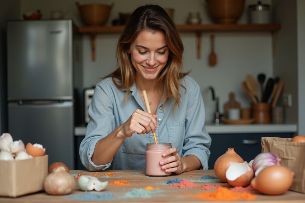 Femme en intérieur mélangeant peinture maison dans un bocal recyclé