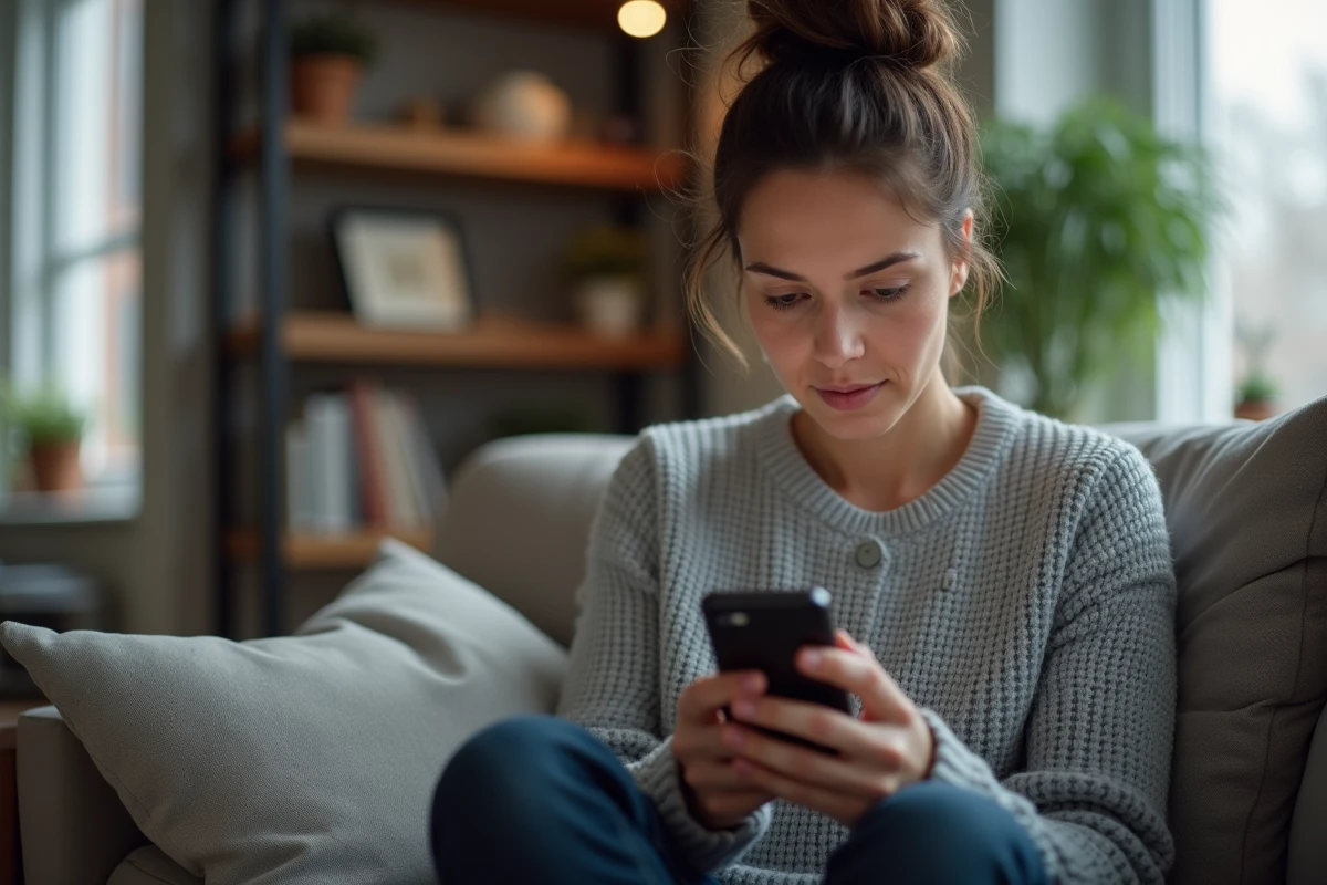 Femme pensive qui s'interroge sur le comportement irrespectueux de son partenaire en regardant son téléphone