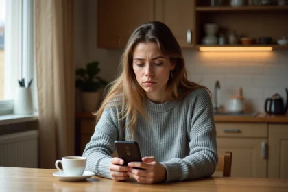 Femme pensive regardant son téléphone avec incertitude, se demandant si son partenaire en ligne l'aime vraiment