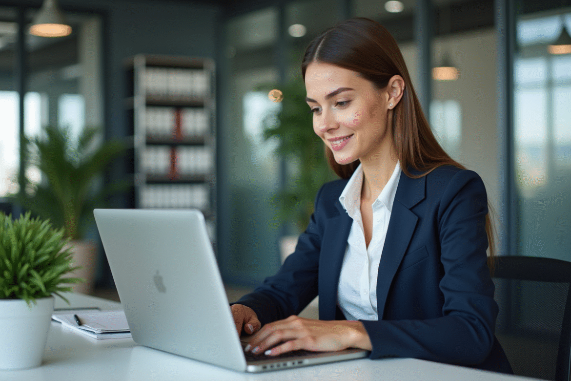 Femme en blazer navy utilisant un logiciel CRM au bureau