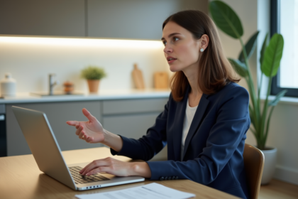Femme en blazer navy travaillant à la maison