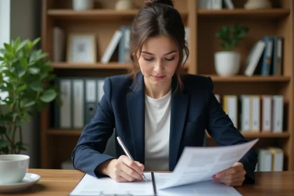 Femme professionnelle relisant un document officiel à son bureau, stylo en main, dans un bureau moderne et épuré
