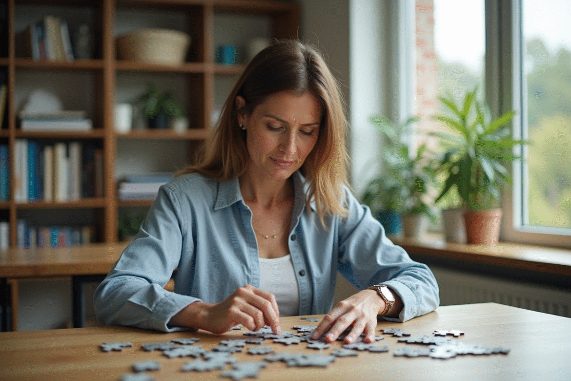 Femme d'âge moyen résolvant un puzzle à son bureau à domicile
