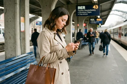 Femme consultant son smartphone sur un quai de gare RER en banlieue parisienne pour gérer son abonnement de transport