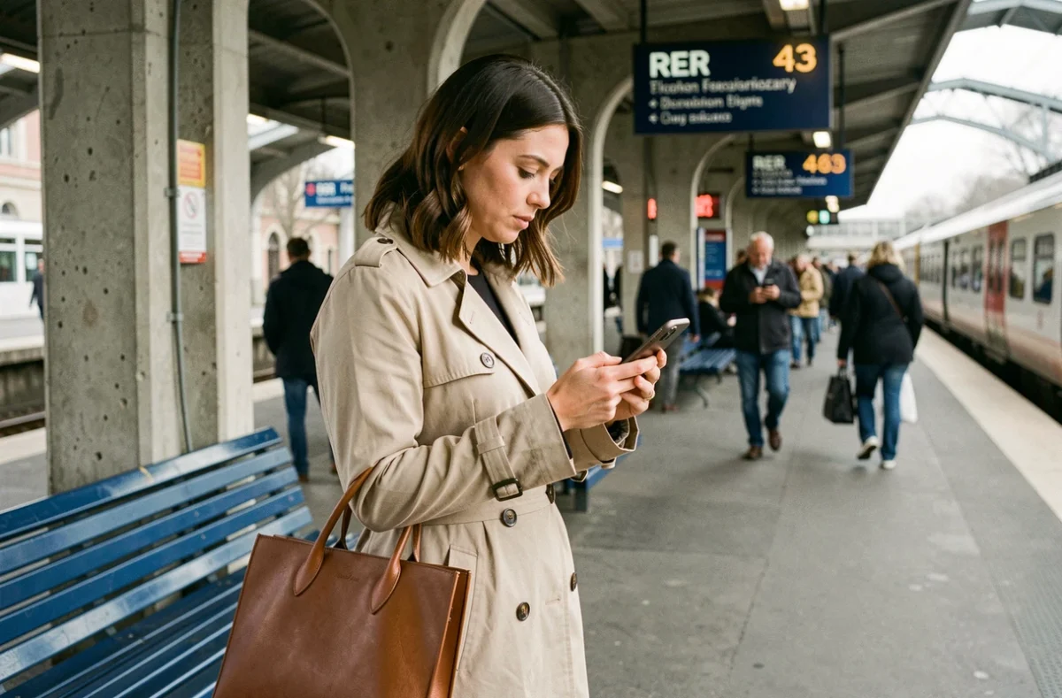 Femme consultant son smartphone sur un quai de gare RER en banlieue parisienne pour gérer son abonnement de transport