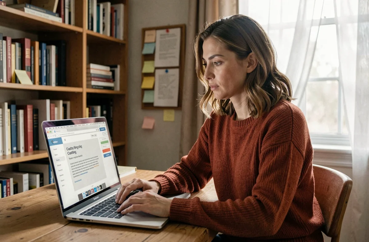 Femme consultant des annonces de castings figurants sur son ordinateur portable dans un bureau à domicile organisé