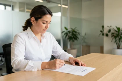 Femme professionnelle relisant un rapport d'entreprise imprimé à son bureau dans un open space moderne