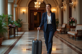Femme souriante dans un hôtel de Strasbourg élégamment décoré