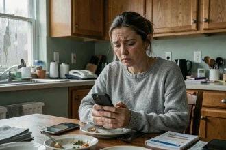 Femme seule regardant son téléphone sans réponse, illustrant le silence radio d'un pervers narcissique
