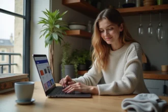 Jeune femme en cuisine achetant en ligne sur son ordinateur