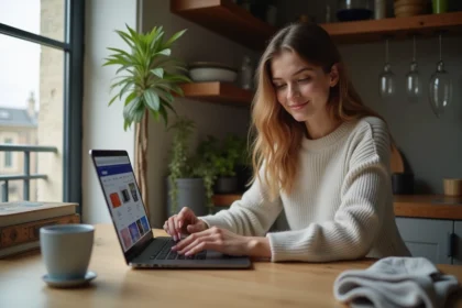 Jeune femme en cuisine achetant en ligne sur son ordinateur