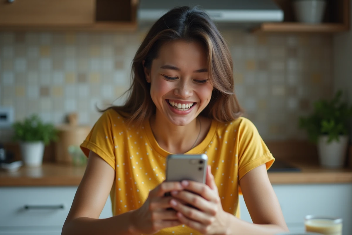 Femme souriante regardant des smileys d'anniversaire rigolo sur son smartphone dans une cuisine moderne