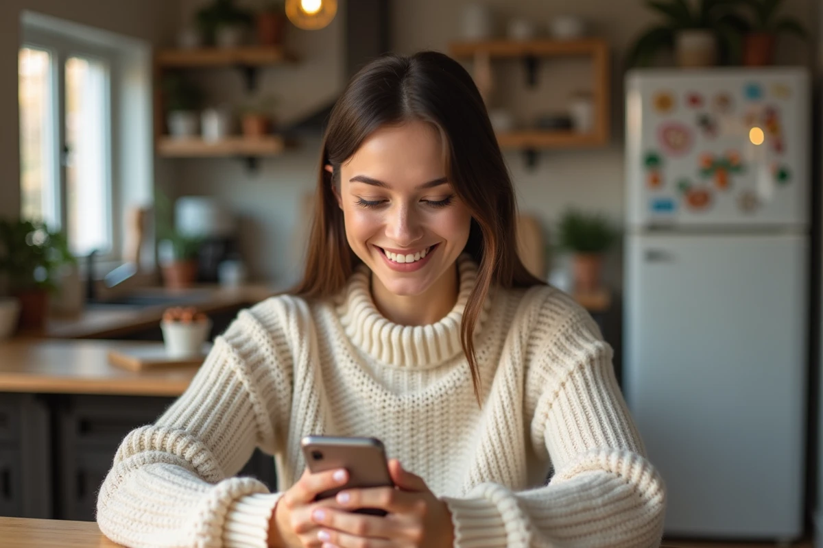 Femme souriante avec pull crème dans la cuisine chaleureuse
