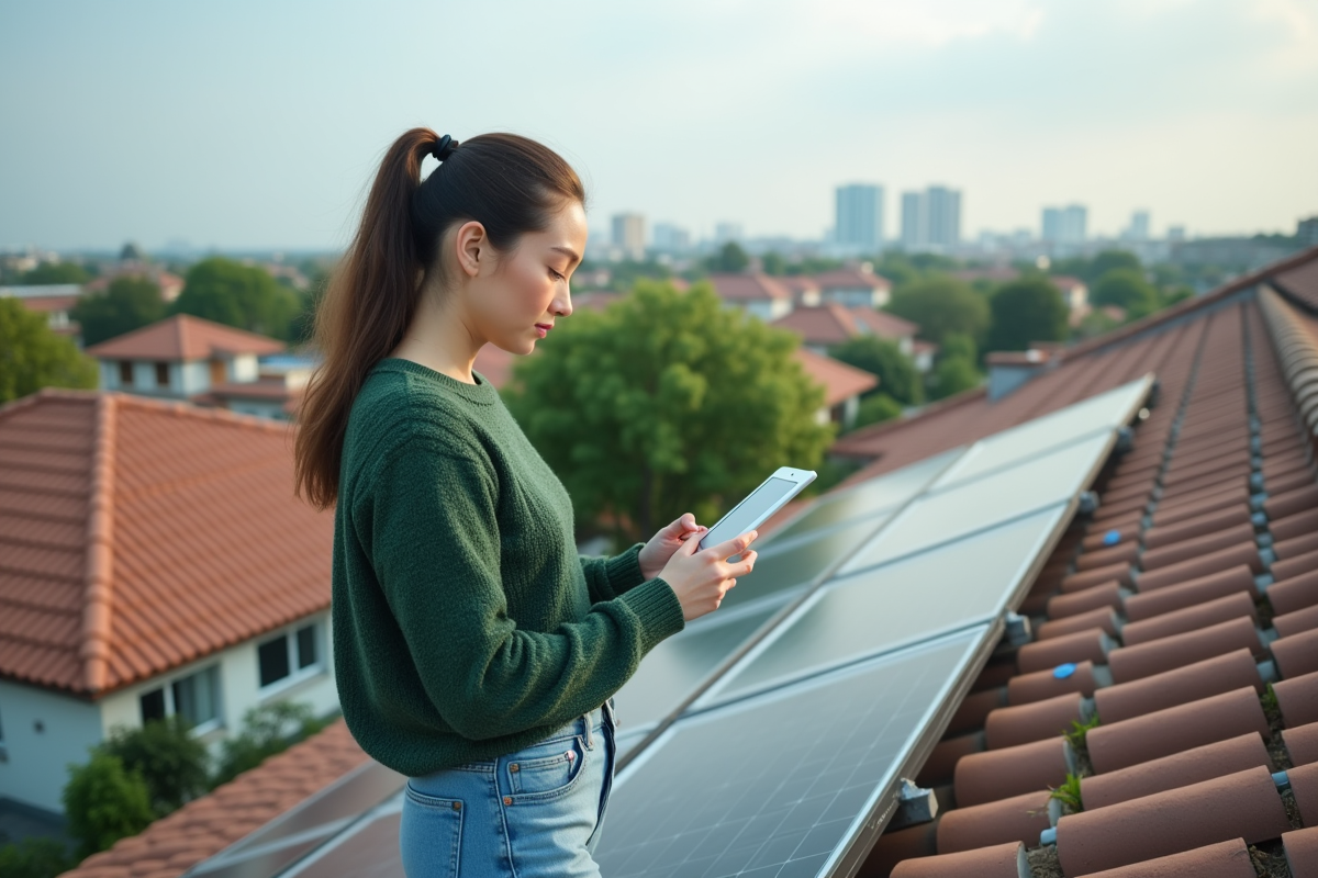 Femme vérifiant des panneaux solaires sur le toit avec tablette