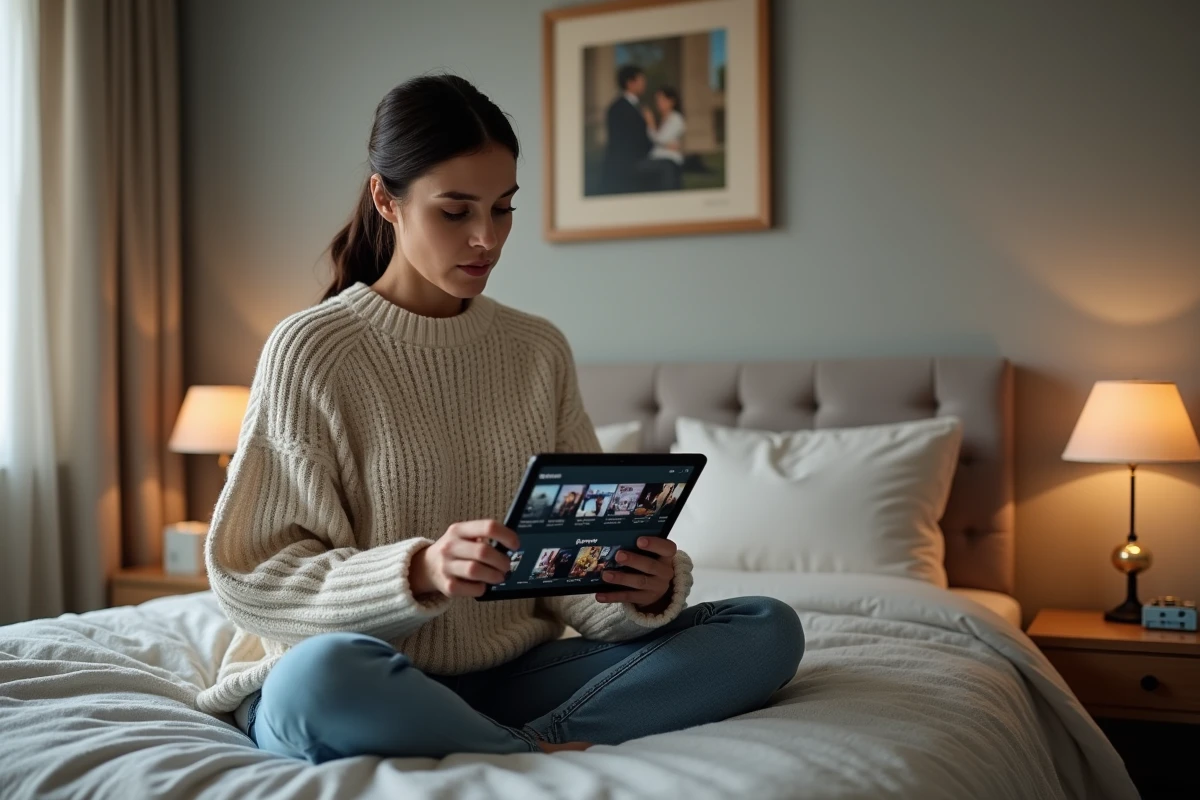 Femme naviguant sur une tablette pour trouver une alternative de streaming légale pour regarder des films à domicile