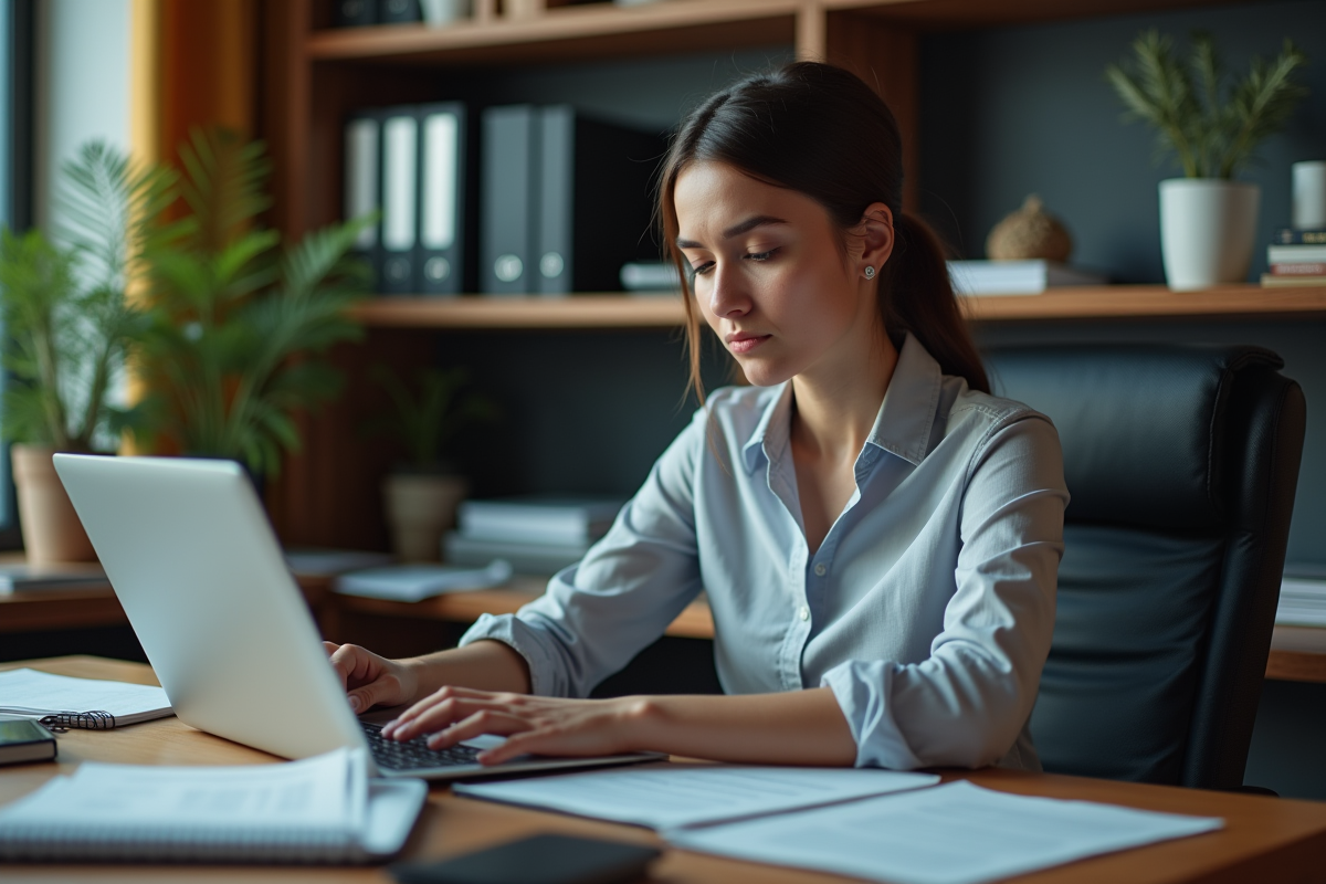 Jeune femme au bureau regardant un article sur l