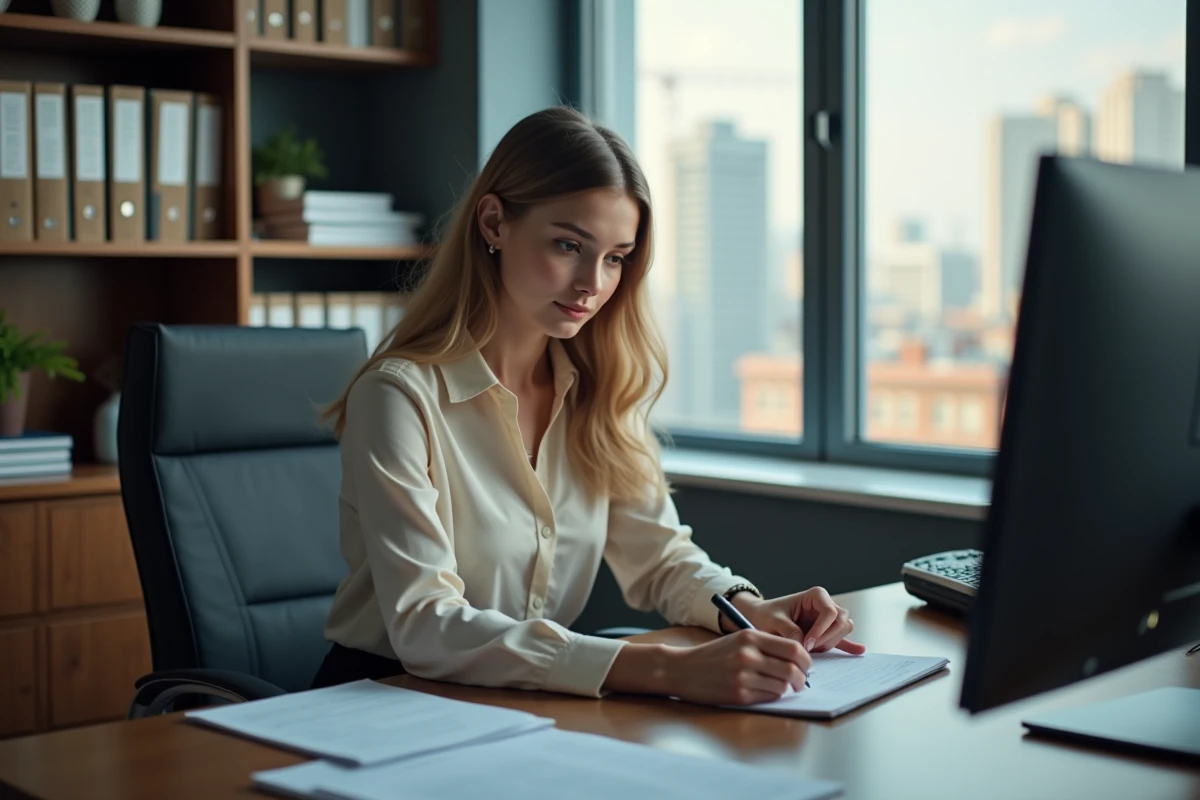Jeune femme au bureau avec bracelet électronique visible