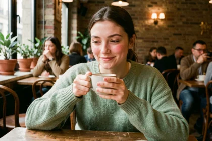 Jeune femme timide et troublée souriant discrètement dans un café parisien, signe discret d'un coup de cœur