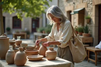 Femme qui fouille des objets anciens sur une table de vide-grenier dans un village du Lot